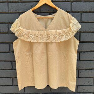 VTG 70s 80s Handmade Cottage Boho Lace Trim Blouse Tunic Top Plus Size 3XL Cream